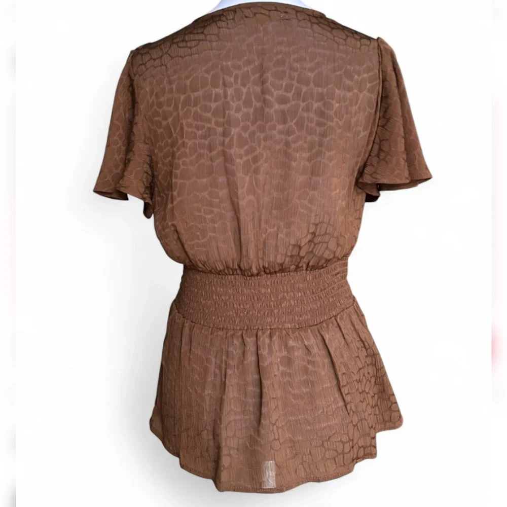 Brown Textured Wrap Blouse Tie Waist Flutter Sleeve Boho Top